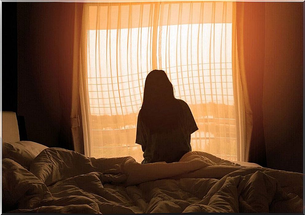 A woman sitting on her bed facing a window. 