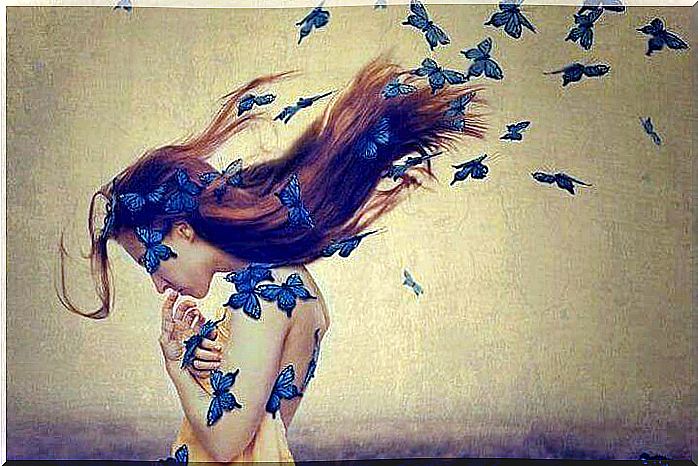 woman with blue butterflies