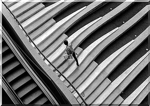 A person climbs up stairs